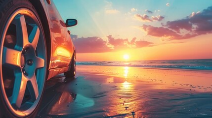 Beach sunset drive with a car