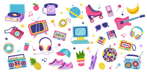 90s retro elements set. Concept of 90s. Stickers. Y2K, 2000s, 80s retro elements set.