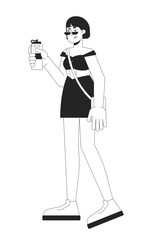 Sulking japanese woman holding bottle black and white 2D line cartoon character. Asian female with water isolated vector outline person. Thirst problem monochromatic flat spot illustration