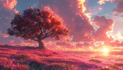 Single tree in a field of pink flowers at sunset with a colorful sky