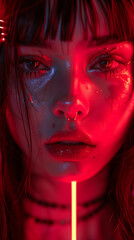 a close up of a woman with a red light on her face