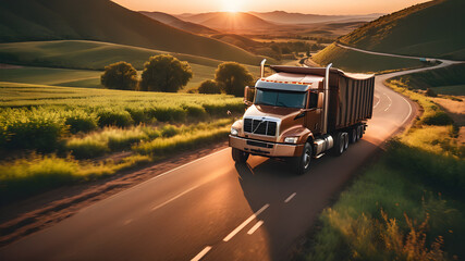 Fototapeta premium Cargo truck driving through landscape at sunset, Generative AI