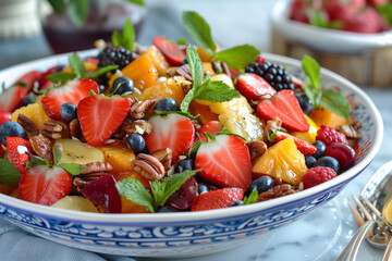 there is a bowl of fruit salad with nuts and berries