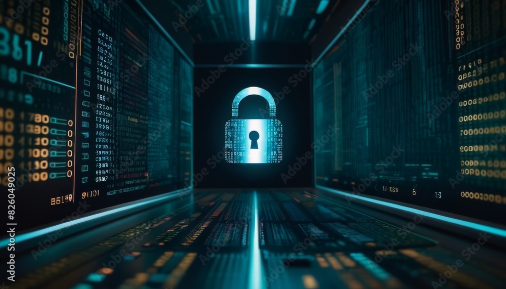 Poster a futuristic digital tunnel vision focusing on a padlock symbol, embodying the concept of cybersecur