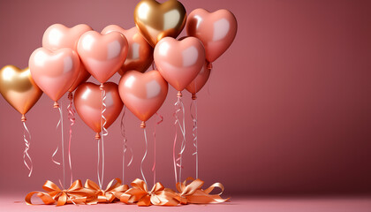 Fondo para cumpleaños fiesta y celebración con globos con forma de corazón rosa, dorados y tonos pastel.