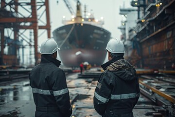 Shipyard Workers Overseeing Ship Construction