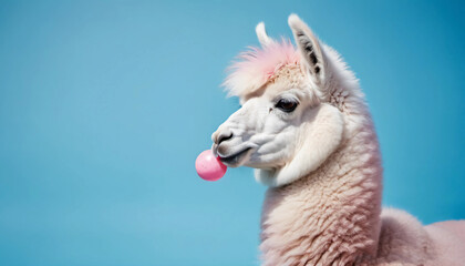 Fototapeta premium Fluffy adorable lama blowing bubblegum on light blue background. Generative ai