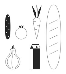 Healthy grocery products black and white 2D line cartoon objects set. Buying vegetarian food for dinner isolated vector outline item. Healthy nutrition monochromatic flat spot illustrations