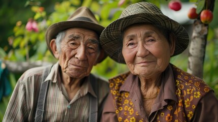 Elderly pair exhibiting smiles against a backdrop of nature