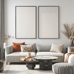 Modern minimalist living room with white sectional sofa