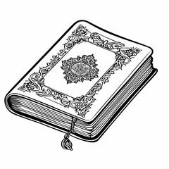 a black and white drawing of a book with a tassel on it