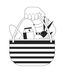 Showing basket full of products cartoon human hand outline illustration. Choosing reusable bag for shopping 2D isolated black and white vector image. Consumption flat monochromatic drawing clip art
