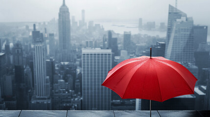 there is a red umbrella sitting on a ledge overlooking a city