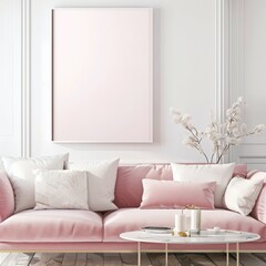 Modern living room with pink sofa and blank canvas