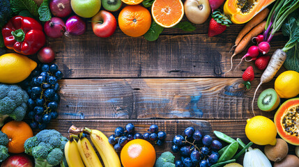 A top view of a colorful assortment of fresh fruits and vegetables arranged artfully on a wooden...