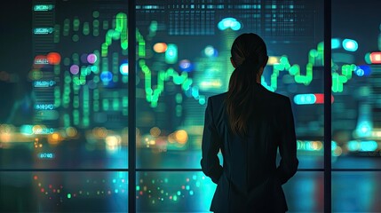 Plakat Silhouette of a businesswoman observing stock market charts. Lights and reflections in the background create a dynamic financial business atmosphere.