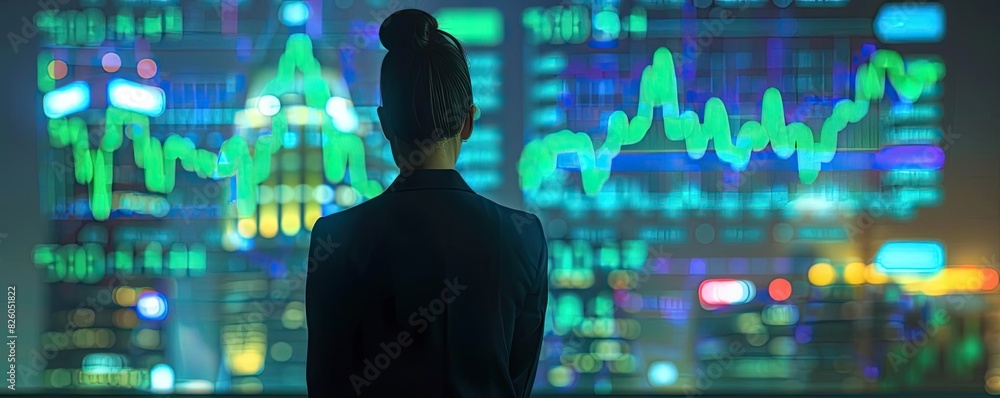 Poster businesswoman analyzing financial data on multiple screens with stock market charts and graphs in an