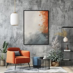 Modern living room with orange armchair and abstract painting
