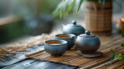 zen tea set on bamboo mat for mindful tea ceremonies, ideal for calming and meditative moments, zen...