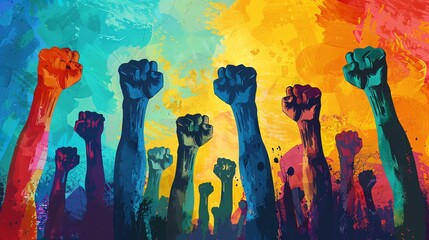 Racial justice, unity symbols, powerful slogans, dynamic composition