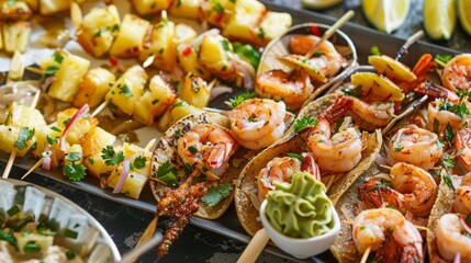 Fototapeta premium A platter of tropicalinspired appetizers including mini fish tacos coconut shrimp and pineapple skewers.