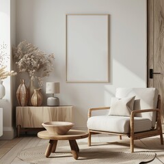 Minimalist living room with wooden furniture and neutral tones