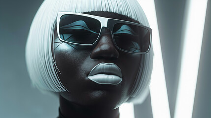 Portrait of cyberpunk woman with short white hair, white lipstick, and stylish sunglasses.  © chand