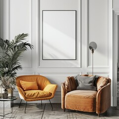 Modern living room with orange armchair and blank picture frame