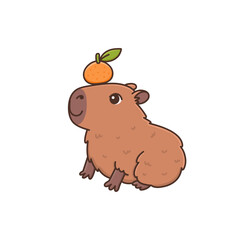 Cute capybara and citrus fruit. Cartoon funny rodent with tangerine or mandarin. Charming cute animal character. Vector illustration isolated on white background