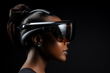 there is a woman wearing a futuristic glasses with a black background