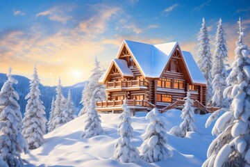 Log cabin nestled among snowy trees in mountainous landscape