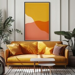 Modern living room with yellow sofa and abstract wall art