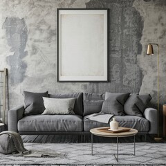 Modern living room with gray sofa and textured wall