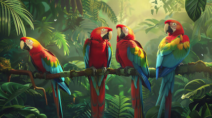 four parrots sitting on a branch in a jungle