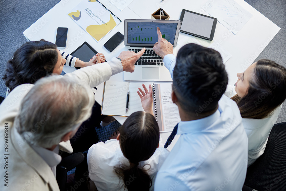 Poster Partnership, data and hands of teamwork on research, strategy and digital sales analytics. Technology, marketing meeting and planning business people collaboration pointing at chart paper top view