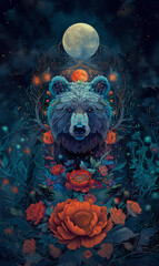 there is a bear that is sitting in the grass with flowers