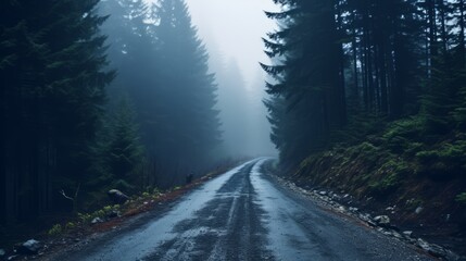 A road passing through a misty forest during a rainy day