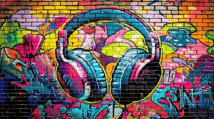 Colorful Pop Art Comic Street Graffiti Featuring Headphones on a Vibrant Brick Wall Background
