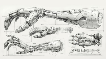 Technical Drawing of a Robotic Arm with Detailed Annotations