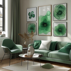 arafed green couch and chairs in a living room with a window