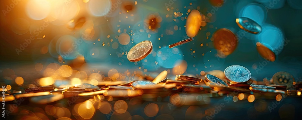 Poster golden coins in motion flying through a colorful background with bokeh lights, representing wealth a