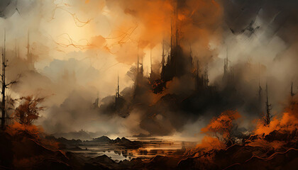 impressionist painting of a foggy mountain landscape with dreamy orange hue tones	