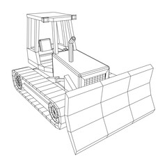 Big front-end loader bulldozer. Heavy equipment machine and manufacturing equipment for mining. Wireframe low poly mesh vector illustration.