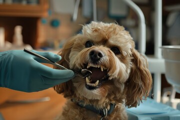 Dog at the dentist's appointment. The dentist checks the dog's teeth health in the veterinary office. Pet insurance and care, pet health, oral and dental care for dogs