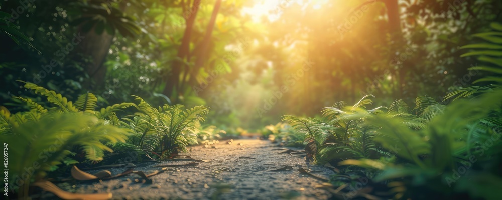 Poster sunlight filters through a lush green forest with a narrow path leading into the distance, creating 