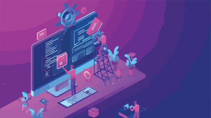 Quality assurance isometric landing page. Tiny character