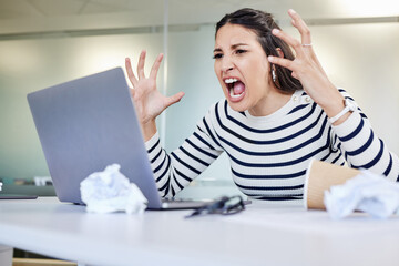 Angry, woman and screaming at computer frustrated with stress from online, glitch, mistake or...