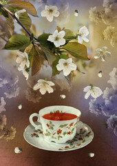Cup of tea on a background of a branch of cherry flowers. Digital art