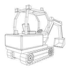 Heavy equipment excavator machine manufacturing power equipment for open pit mining. Wireframe low poly mesh vector illustration