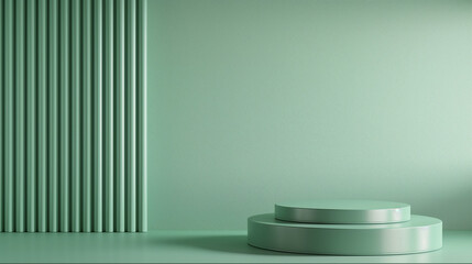 Fouce on a green podium on the shelf next to a green wall, in the style of white and cyan, daz3d, delicate lines, minimalist color field, texture-rich surfaces, stripes and shapes, rounded